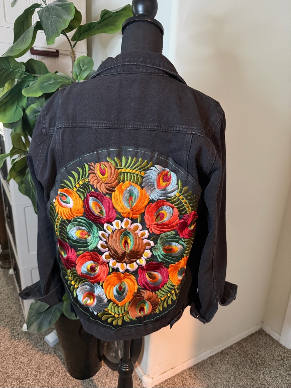 Black Denim Jacket with Colorful Embroidered Back - Picture 11 of 15